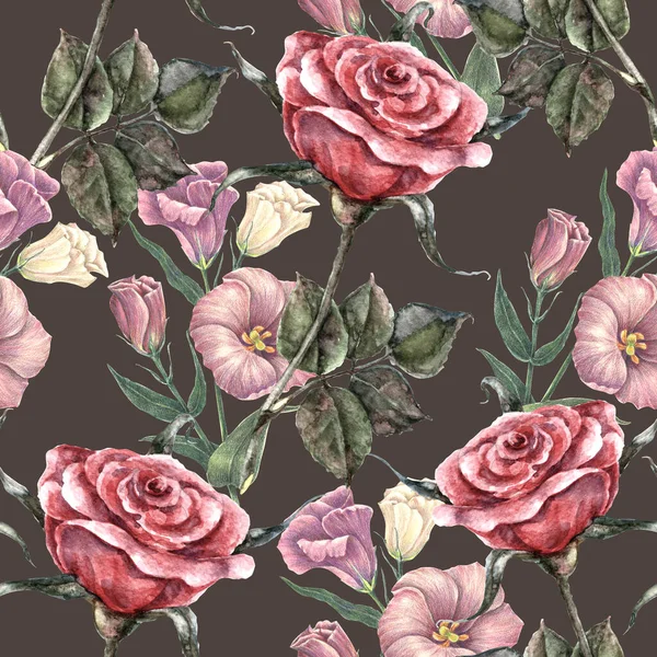 花园的花朵在深色的背景上涂上了水彩画 缀满了紫红色的玫瑰 装饰用无缝图案 — 图库照片