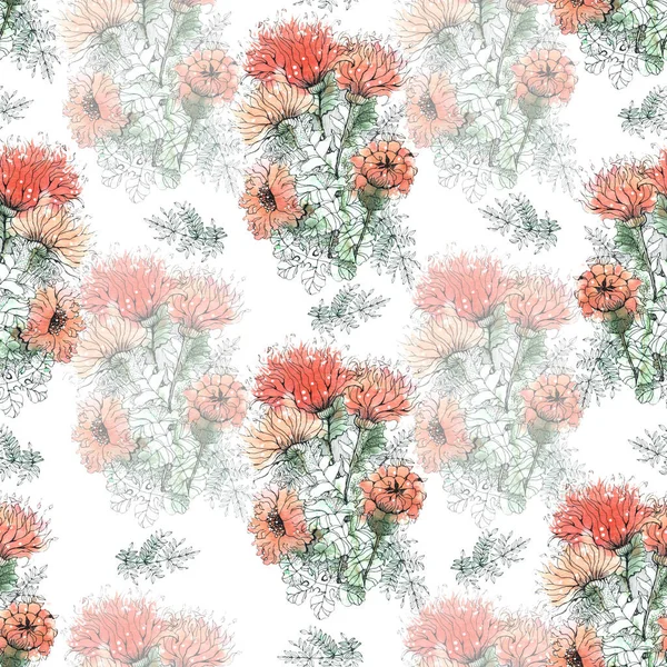 Garden Flowers Chrysanthemum Painted Watercolor Seamless Pattern White Background — Stockfoto