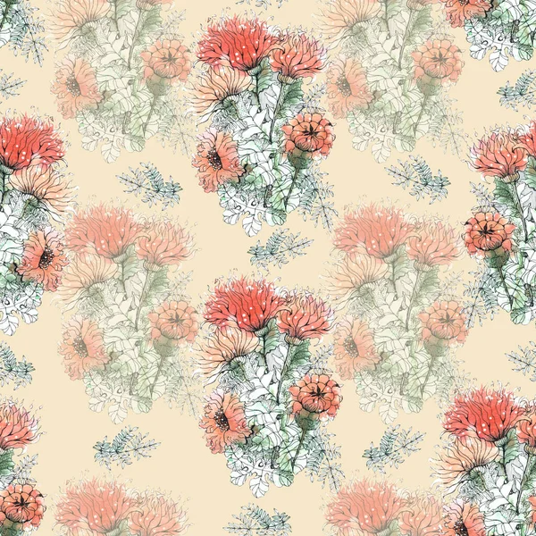 Garden Flowers Chrysanthemum Painted Watercolor Seamless Pattern Beige Background — Stock Photo, Image
