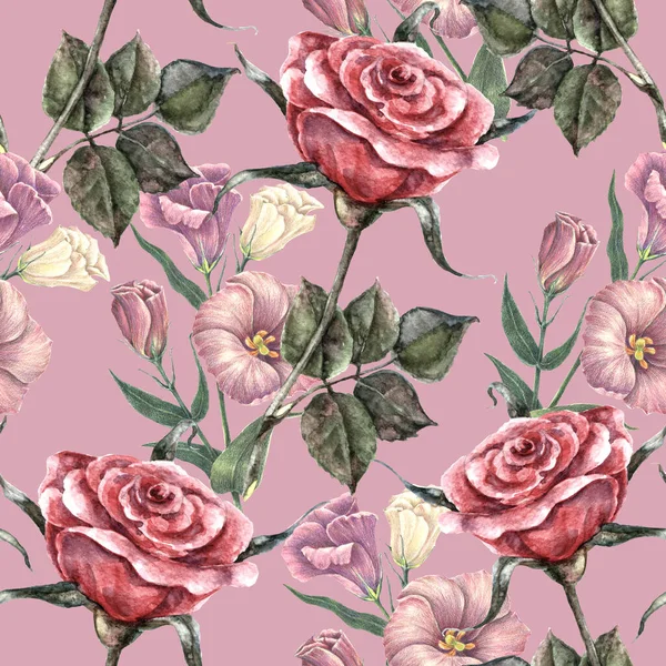 Garden Flowers Rose Irish Rose Painted Watercolor Pink Background Seamless — Foto Stock