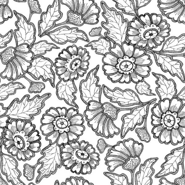 Monochroom Naadloos Patroon Met Grafische Kant Bloemen — Stockfoto