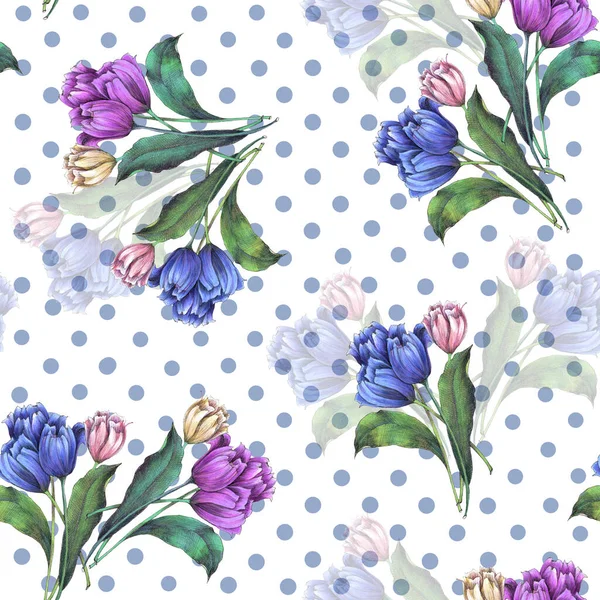 Watercolor Spring Flowers Tulip Leaves Floral Seamless Pattern White Speckled — Photo