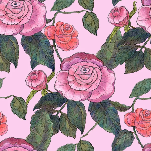 Flowers Rose Leaves Drawing Color Pencils Floral Seamless Pattern Pink — Stock Fotó