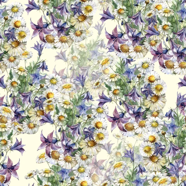Watercolor Bouquet Field Flowers Bell Chamomile Leaves Floral Seamless Pattern — Stock fotografie