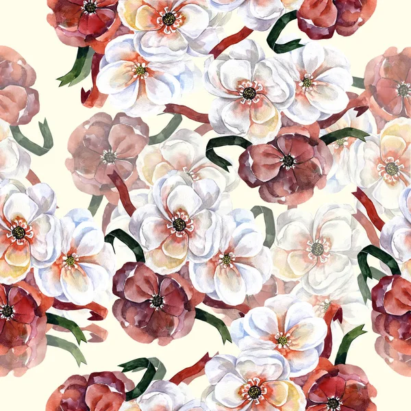 Watercolor spring flowers  with ribbon. Floral seamless pattern on white background.