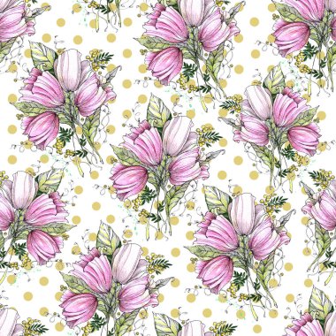 Watercolor spring flowers tulip with floral decor. Floral seamless pattern on white speckled background.
