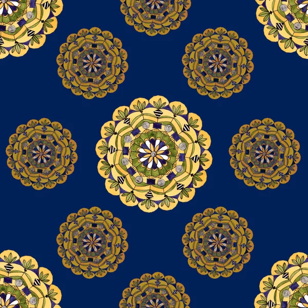 青色の背景に抽象的なカラフルなマンダラ デザインを作成するためのシームレスなパターン — ストック写真
