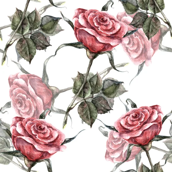 Watercolor Flowers Rose Leaves Floral Seamless Pattern White Background — Fotografia de Stock