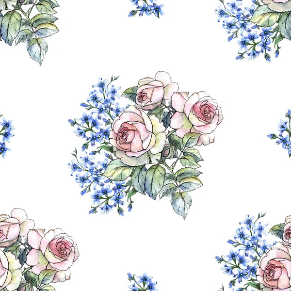 Watercolor Garden Flowers Rose Small Blue Flowers Floral Seamless Pattern — Photo