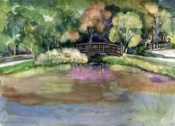 Illustration Watercolor Landscape Bridge Park Trees River Beautiful Pattern Decoration — 스톡 사진