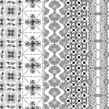 Grafik şeklinde siyah dantel. Kumaş, dekorasyon ve tasarım giysileri için tek renkli kusursuz kompozisyon.