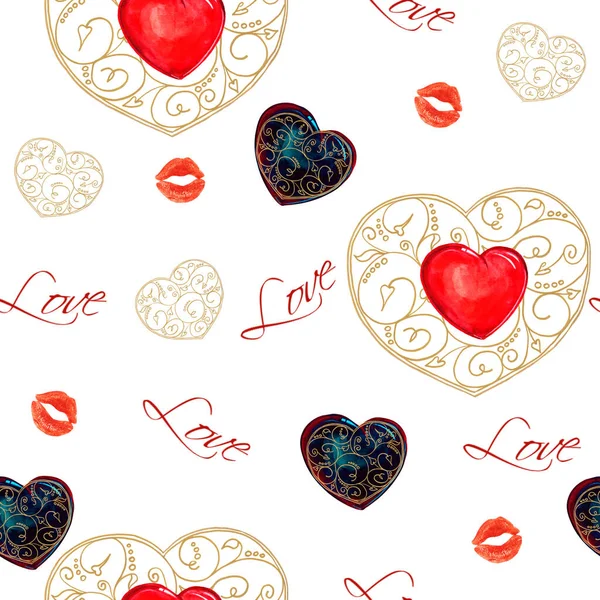 Akvarell Hjärtan För Valentine Dag Prydnad Från Hjärtan Med Bokstäver — Stockfoto