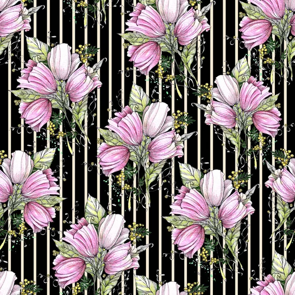 Akwarela Wiosenne Kwiaty Tulipan Kwiatowym Wystrojem Kwiatowy Bezszwowy Wzór Białym — Zdjęcie stockowe