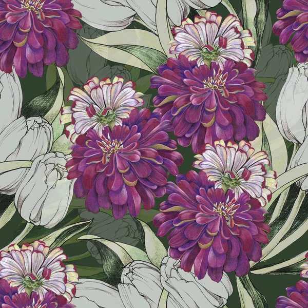 Watercolor garden flowers zinnia with white tulips. Floral seamless pattern with bouquet delicate flowers on green background.