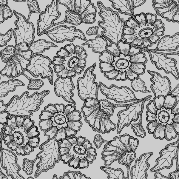 Monochroom Naadloos Patroon Met Grafische Kant Bloemen Grijze Kleur — Stockfoto