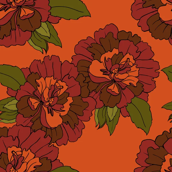 Dekorative Pfingstrose Mit Blättern Auf Orangem Hintergrund Florales Nahtloses Muster — Stockfoto