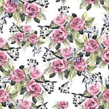 Bahçe çiçekleri suluboya ile boyanmış dutlu gül. Beyaz arka planda kusursuz desen. Dekorasyon için resim.