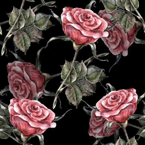 Fiori Giardino Rosa Dipinta Acquerello Modello Senza Cuciture Sfondo Nero — Foto Stock