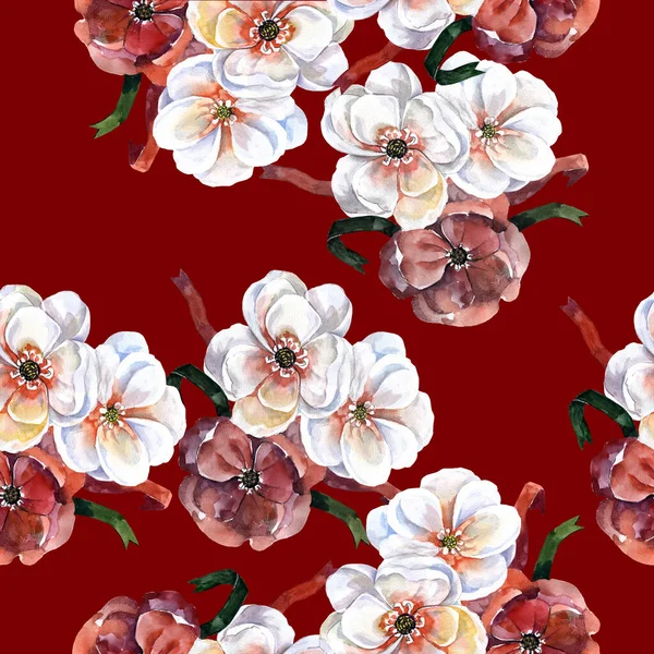Garden spring flowers with ribbon painted in watercolor. Seamless pattern on red background. Illustration for decoration.