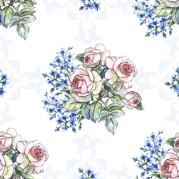 小さな青い花を水彩で描いたピンクのバラ 白を基調としたシームレスなパターン 装飾用イラスト — ストック写真