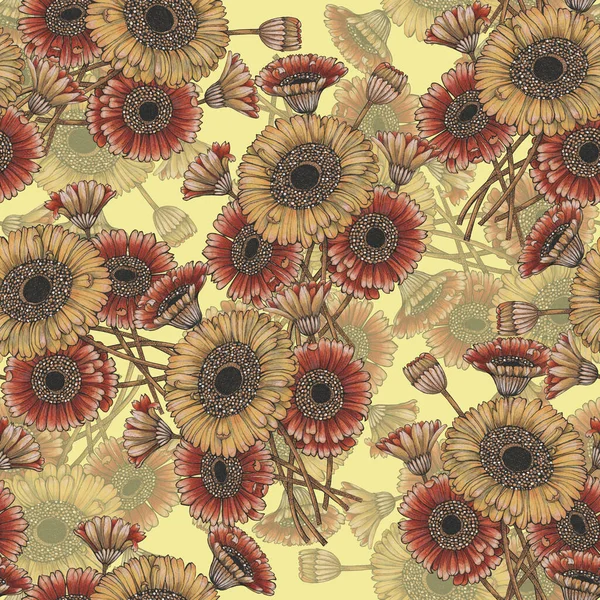 Flowers Gerbera Painted Watercolor Seamless Pattern Yellow Background Illustration Decoration — Stock Photo, Image