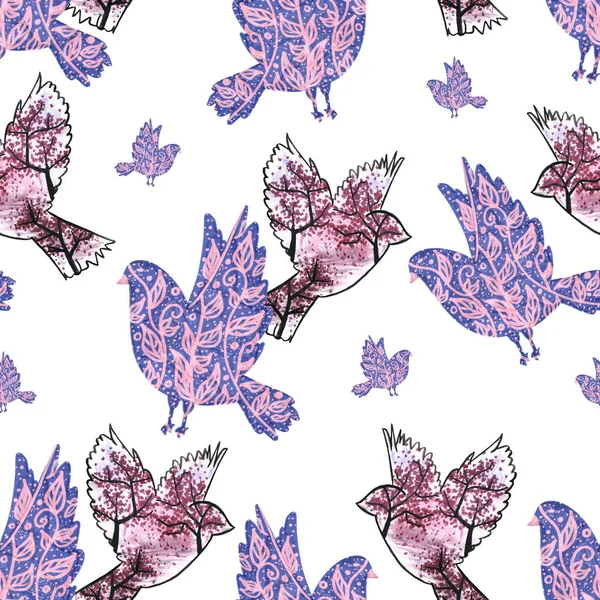 Акварельные Весенние Птицы Бесшовный Рисунок Декоративной Бумаги Ткани — стоковое фото