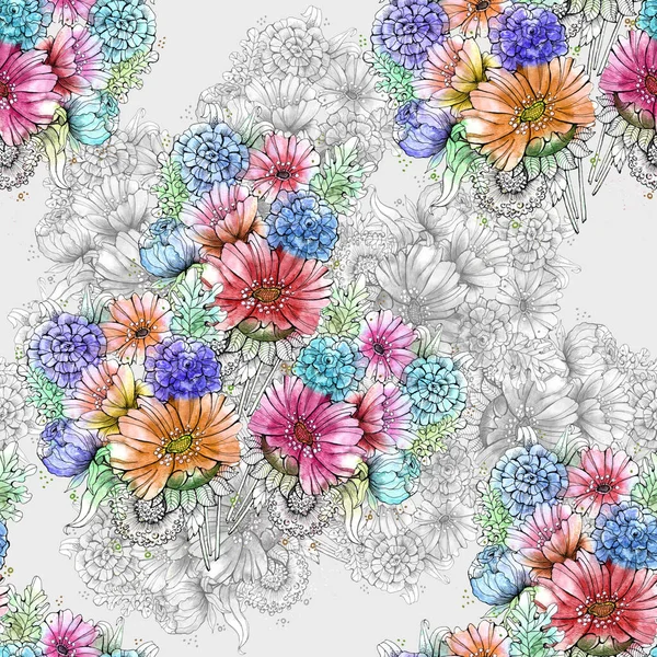 Watercolor spring flowers on monochrome flowers background. Floral seamless pattern for decorative papers and fabric.