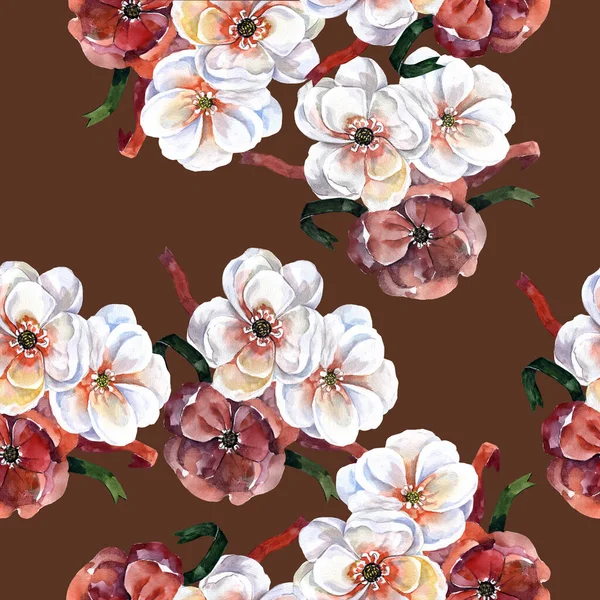 Watercolor spring flowers apple with ribbon. Floral seamless pattern for decorative papers and fabric.