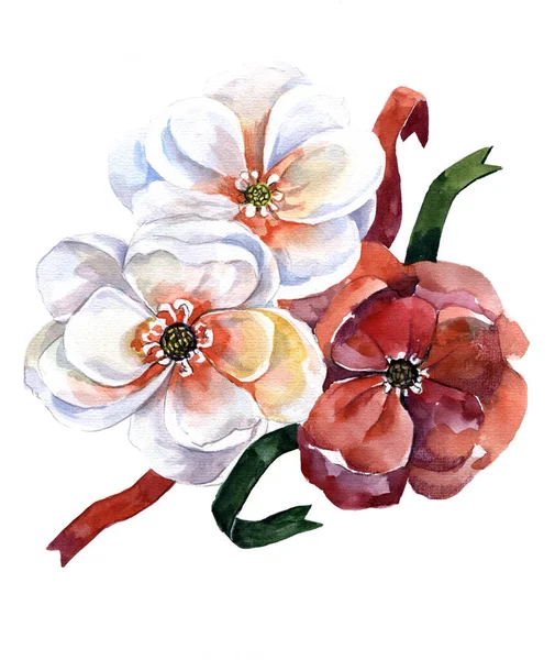 Ilustracja Akwarelowych Wiosennych Kwiatów Wstążką Białym Tle Piękny Wzór Dekoracji — Zdjęcie stockowe
