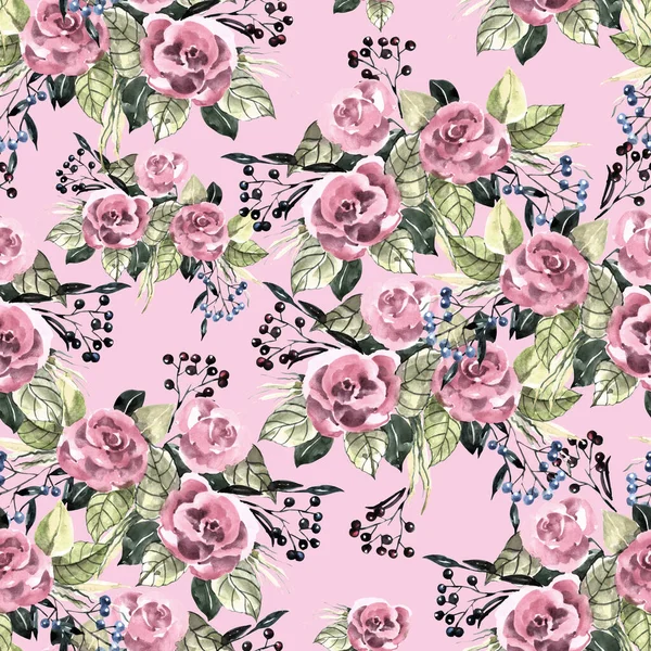Kwiaty Ogrodowe Rósł Jagodami Różowym Tle Płynne Malowanie Wzorów Akwareli — Zdjęcie stockowe