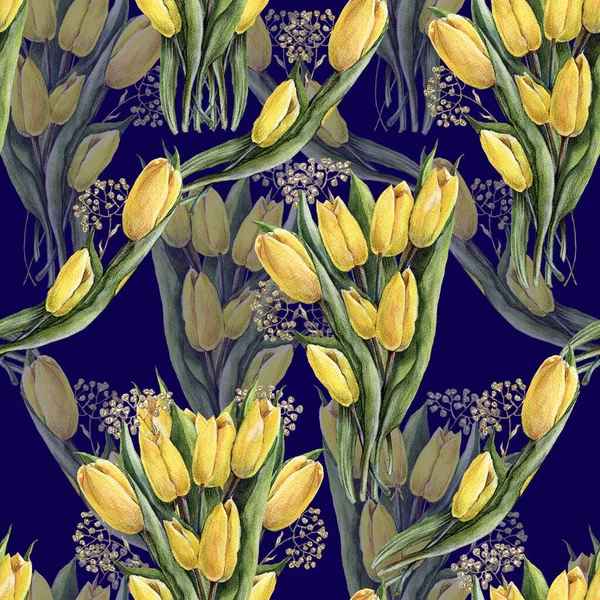 Akwarela Wiosenne Kwiaty Bukiet Kwiatów Tulipan Kwiatowy Wystrój Kwiatowy Bezszwowy — Zdjęcie stockowe