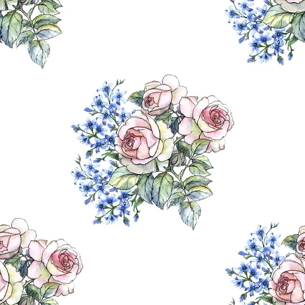 Vízfestékes Kerti Virágok Virágcsokor Rózsa Kék Kis Virágok Virágos Zökkenőmentes — Stock Fotó