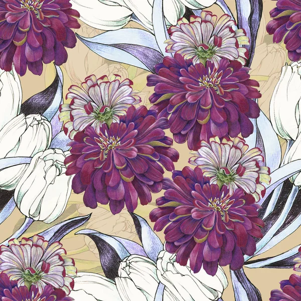 Watercolor garden flowers zinnia with white tulip. Floral seamless pattern for decorative papers and fabric.