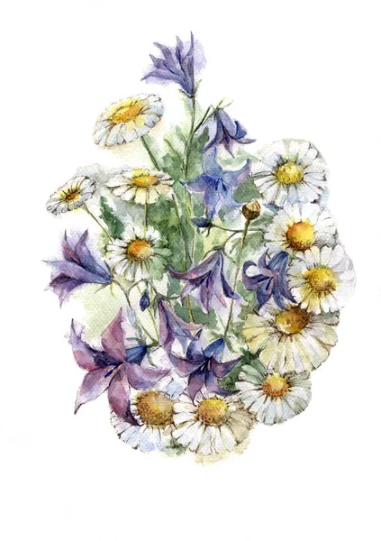Ilustración Flores Pradera Acuarela Sobre Fondo Blanco Hermoso Patrón Para —  Fotos de Stock