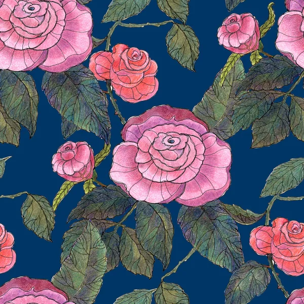 Suluboya çiçekler yükseldi. Dekoratif kağıtlar ve kumaşlar için çiçeksiz desen.