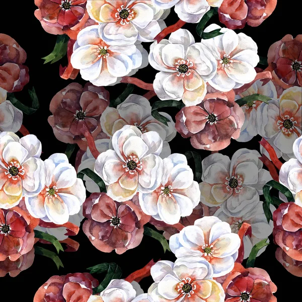 Background Watercolor Spring Flowers Apple Ribbon Floral Seamless Pattern Black — Stock Photo, Image