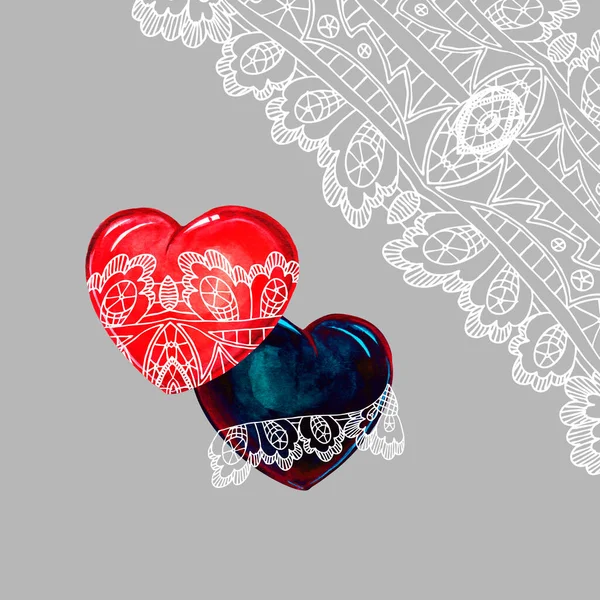 Graphic Lace Hearts Valentine Day Ornament Openwork Watercolor Hearts Gray — Stock Photo, Image