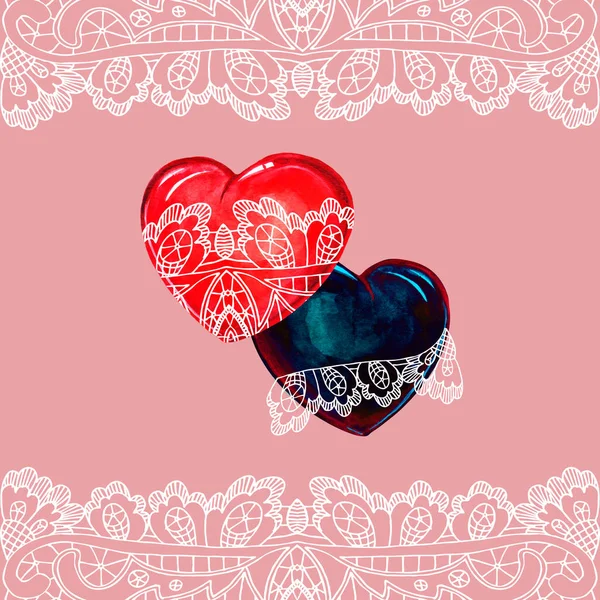 Graficzna Koronka Sercami Walentynki Ozdoba Ażurowych Serc Akwarelowych Różowym Tle — Zdjęcie stockowe