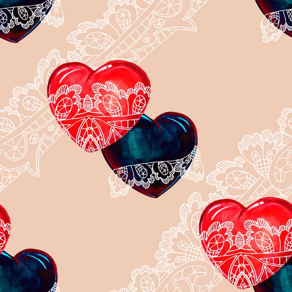Sevgililer Günü Için Kalpli Grafiksel Dantel Pembe Arka Planda Suluboya — Stok fotoğraf