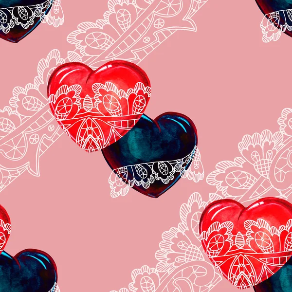 Graficzna Koronka Sercami Walentynki Ozdoba Ażurowych Serc Akwarelowych Różowym Tle — Zdjęcie stockowe