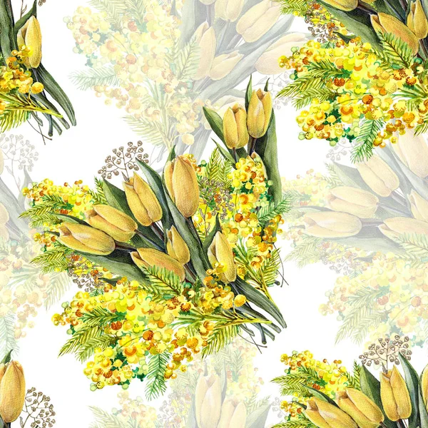 Ілюстрація Акварельним Букетом Весняні Квіти Тюльпан Мімоза Квітковий Безшовний Візерунок — стокове фото