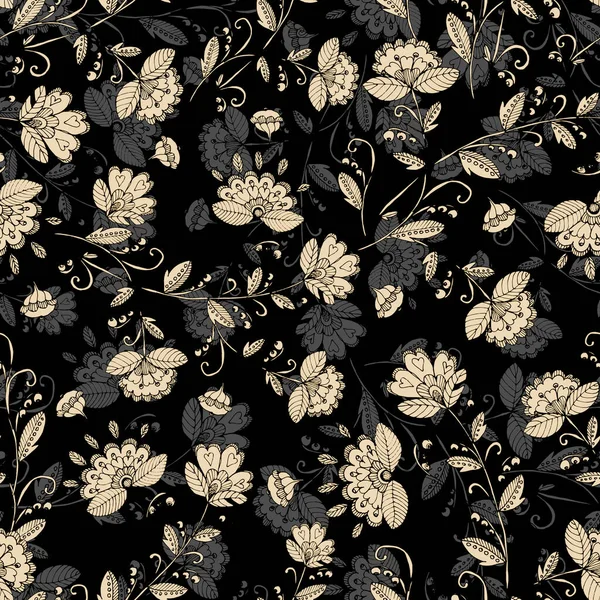 Dekorativní Květiny Černém Pozadí Černobílý Bezešvý Vzor — Stock fotografie