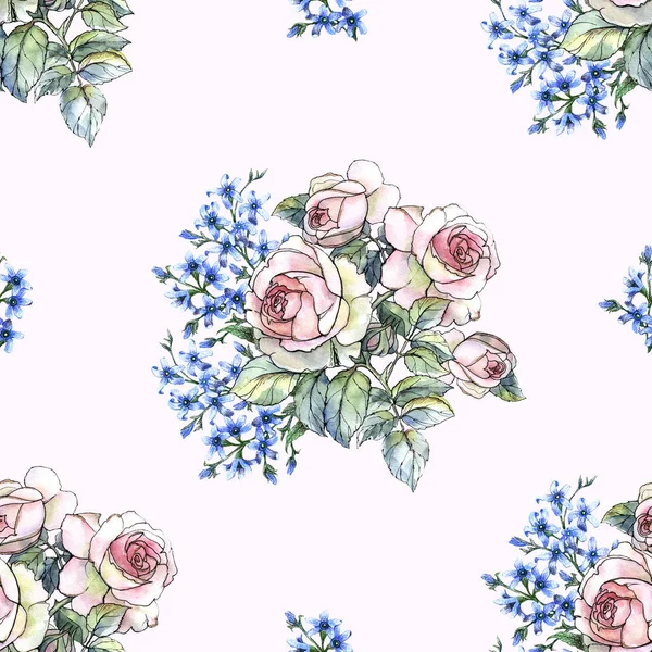 Fiori Giardino Rosa Dipinta Acquerello Con Piccoli Fiori Blu Motivo — Foto Stock