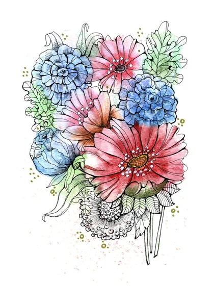 Bukiet Ogrodowy Kwiaty Malowane Akwareli Liści Ilustracja Kwiatowa Białym Tle — Zdjęcie stockowe