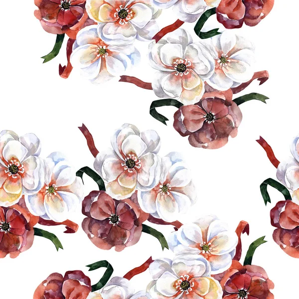 Watercolor  blooming flowers apple with ribbon on white background. Seamless pattern  with floral composition for decorations textiles and papers.