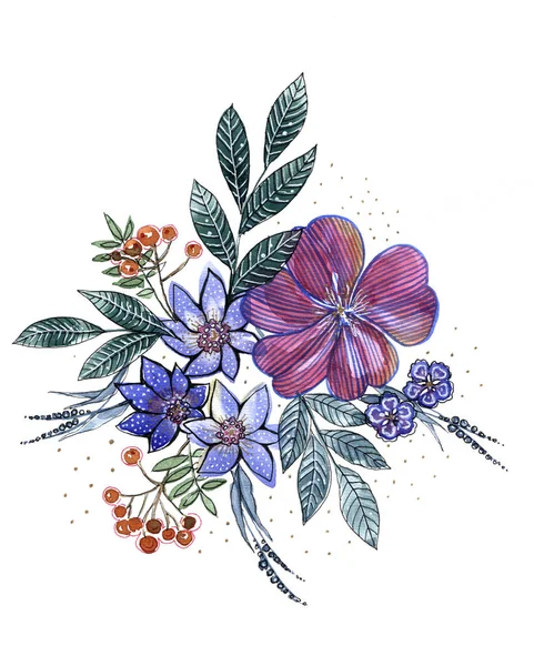 Kwiaty Łąki Ogrodowej Malowane Akwarelą Liści Ilustracja Kwiatowa Białym Tle — Zdjęcie stockowe