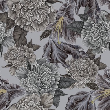 Gri arka planda şakayık çiçekli zambak. Dekorasyonlar, tekstil ve kağıtlar için çiçek bileşimine sahip kusursuz desen.