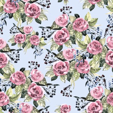 Çiçek açan suluboya çiçekleri mavi arka planda yeşillik ve böğürtlen ile yükseldi. Dekorasyonlar, tekstil ve kağıtlar için çiçek bileşimine sahip kusursuz desen.