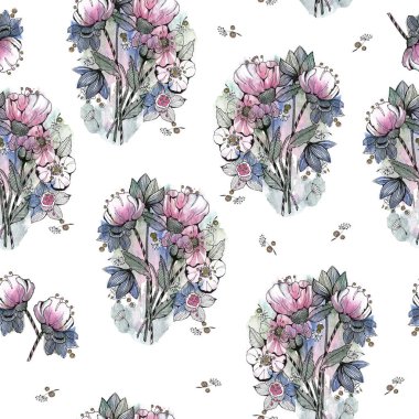 Suluboya ile boyanmış bahar çiçekleri. Beyaz arka planda kusursuz desen. Dekorasyon için resim.