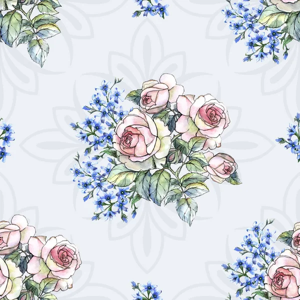 Aquarelle Rose Avec Petites Fleurs Bleues Sur Fond Bleu Motif — Photo